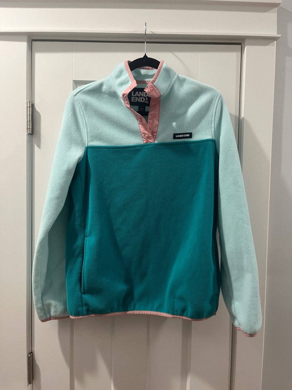 Lands' End Light Aqua Fleece Heritage Fleece Jacket Pink Trim Small Tall 6-8